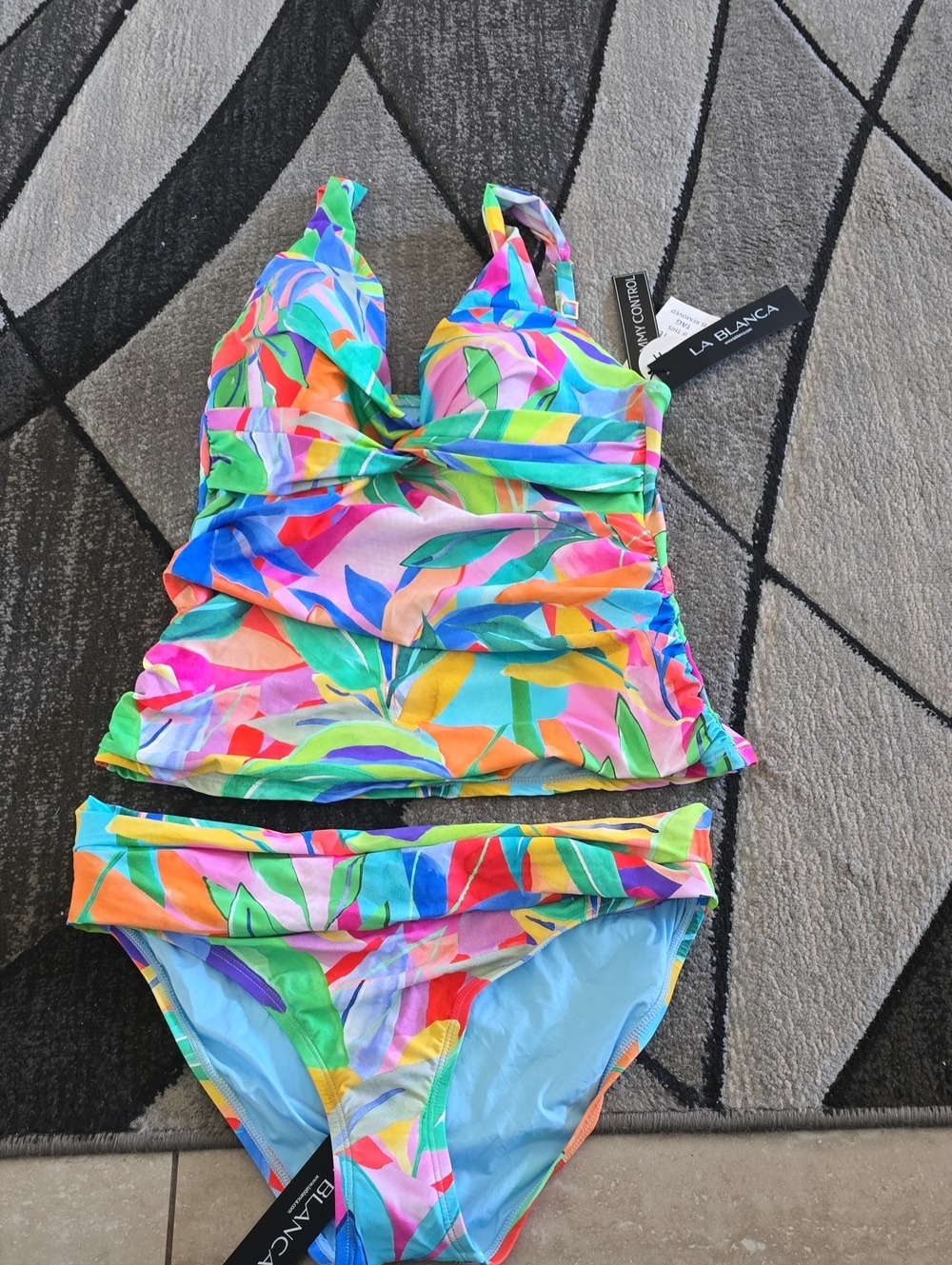 La Blanca Multicolor Leaf-Print Tankini Set - Bright Rainbow Colors Sz 8 Nwt - Picture 2 of 6